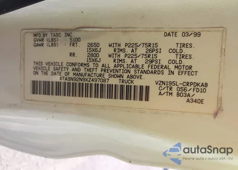 1999 Toyota Tacoma Prerunner V6 from USA, damaged, VIN 4TASN92N9XZ497087